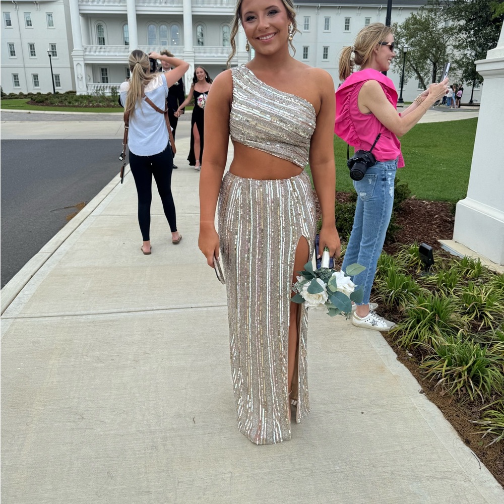 Gold and Silver Sequin One-Shoulder Gown